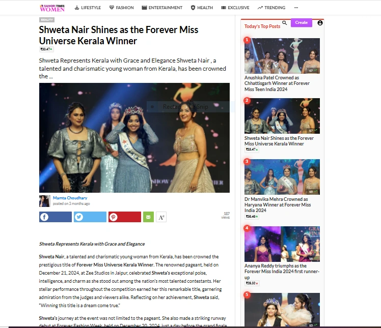 Shweta Nair Shines as the Forever Miss Universe Kerala Winner | Sangri Times Women