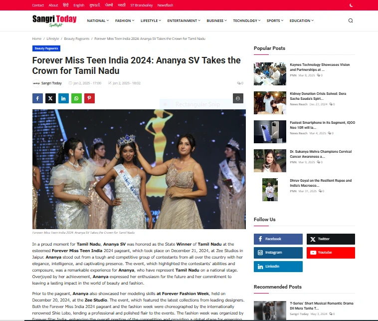 Forever Miss Teen India 2024: Ananya SV Takes the Crown for Tamil Nadu - Sangri Today Spotlight 