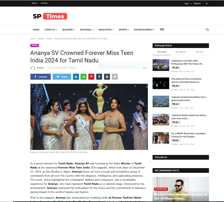 Ananya SV Crowned Forever Miss Teen India 2024 for Tamil Nadu - SP Times