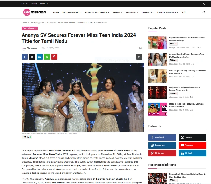 Ananya SV Secures Forever Miss Teen India 2024 Title for Tamil Nadu - Glamstaan