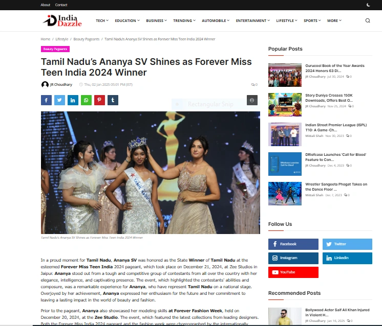 Tamil Nadu’s Ananya SV Shines as Forever Miss Teen India 2024 Winner - India Dazzle