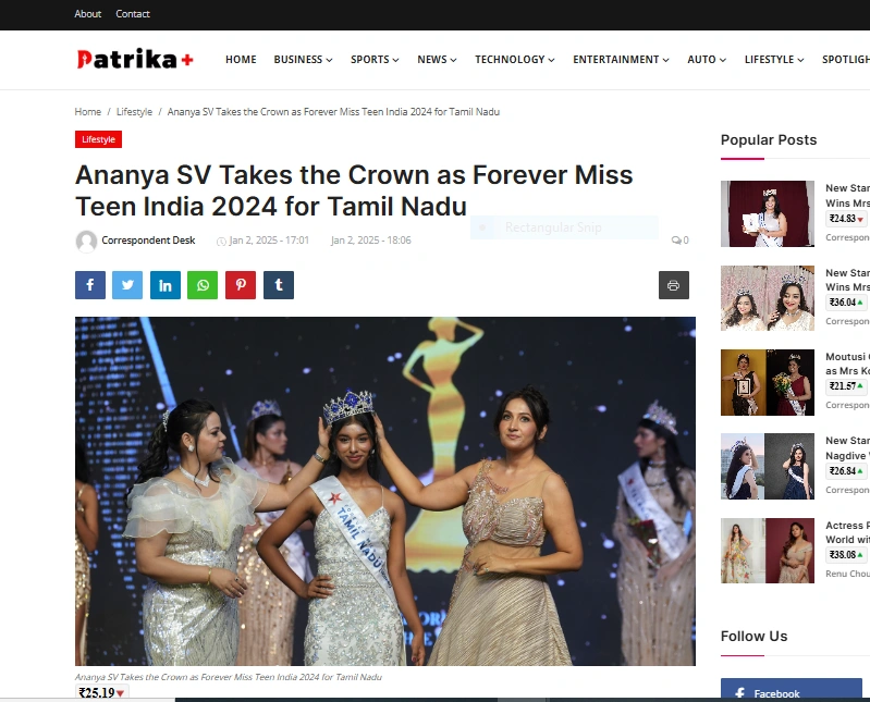 Ananya SV Takes the Crown as Forever Miss Teen India 2024 for Tamil Nadu - Patrika Plus