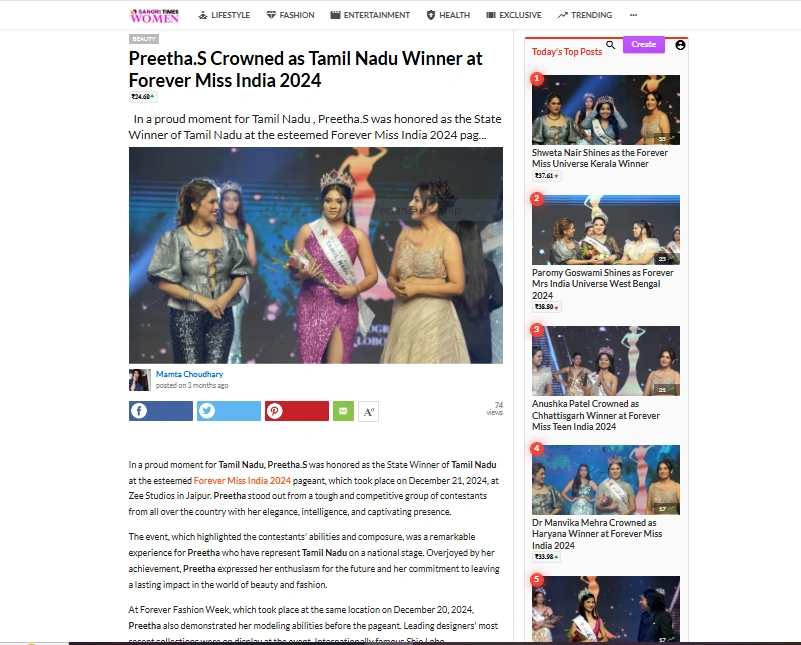 Preetha.S Crowned as Tamil Nadu Winner at Forever Miss India 2024 | Sangri Times Women
