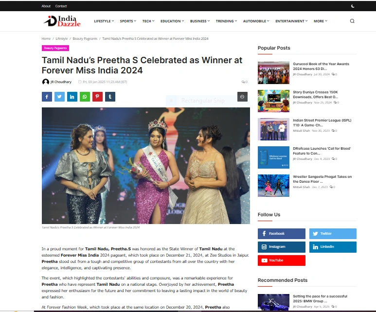 Tamil Nadu’s Preetha S Celebrated as Winner at Forever Miss India 2024 - India Dazzle