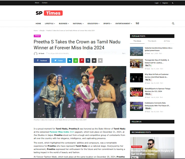 Preetha S Takes the Crown as Tamil Nadu Winner at Forever Miss India 2024 - SP Times