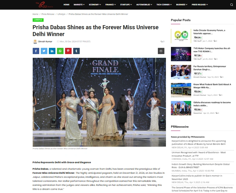 Prisha Dabas Shines as the Forever Miss Universe Delhi Winner - The Bizz Stories