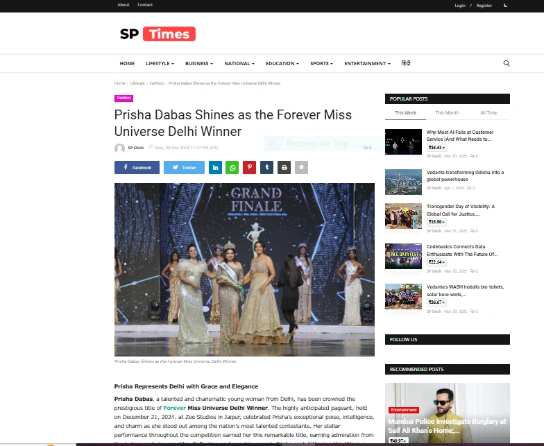 Prisha Dabas Shines as the Forever Miss Universe Delhi Winner - SP Times