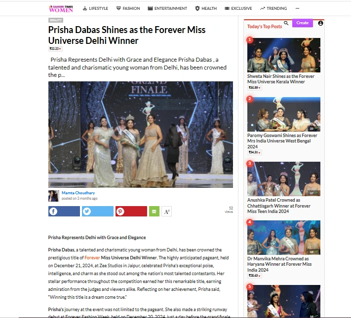 Prisha Dabas Shines as the Forever Miss Universe Delhi Winner | Sangri Times Women