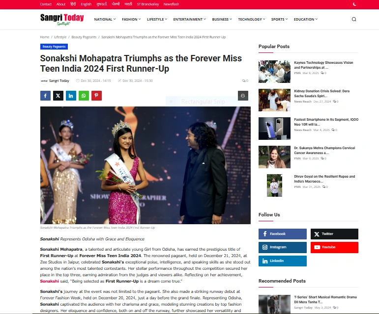 Sonakshi Mohapatra Triumphs as the Forever Miss Teen India 2024 First Runner-Up - Sangri Today Spotlight 