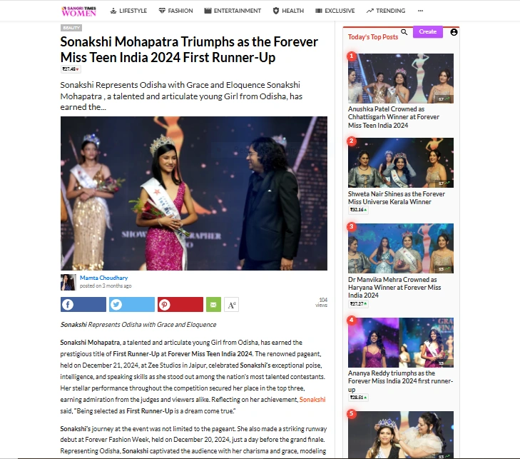 Sonakshi Mohapatra Triumphs as the Forever Miss Teen India 2024 First Runner-Up | Sangri Times Women