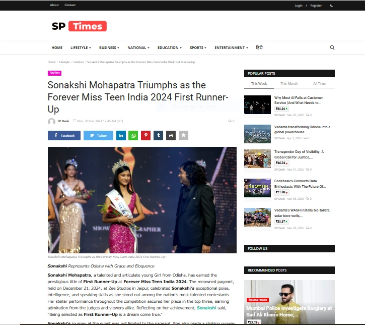 Sonakshi Mohapatra Triumphs as the Forever Miss Teen India 2024 First Runner-Up - SP Times