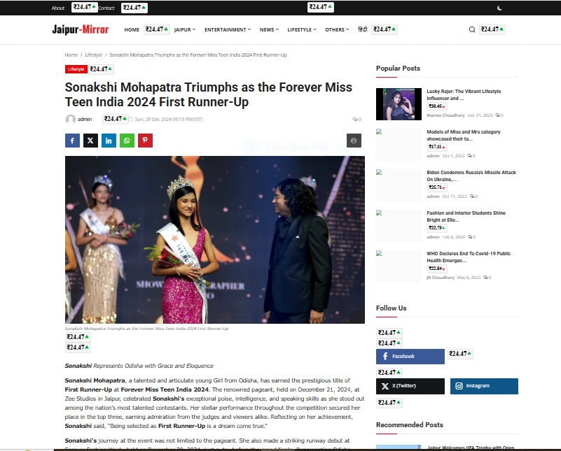 Sonakshi Mohapatra Triumphs as the Forever Miss Teen India 2024 First Runner-Up - Jaipur-Mirror