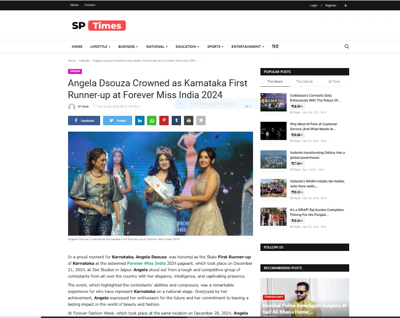Angela Dsouza Crowned as Karnataka First Runner-up at Forever Miss India 2024 - SP Times