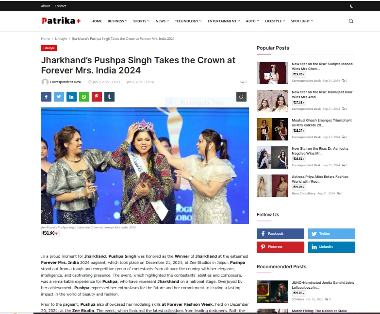 Jharkhand’s Pushpa Singh Takes the Crown at Forever Mrs. India 2024 - Patrika Plus
