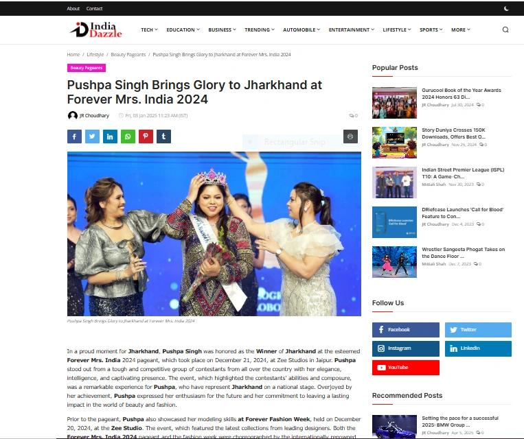 Pushpa Singh Brings Glory to Jharkhand at Forever Mrs. India 2024 - India Dazzle