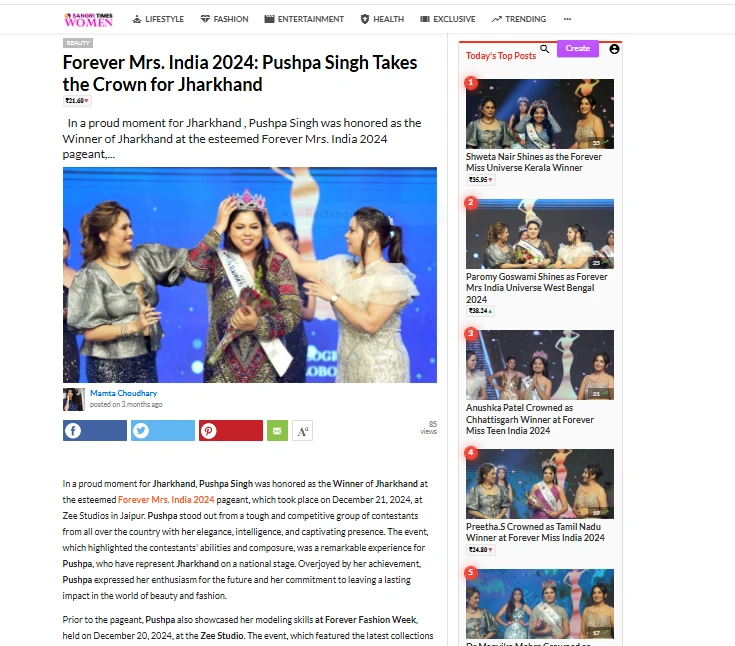 Forever Mrs. India 2024: Pushpa Singh Takes the Crown for Jharkhand | Sangri Times Women