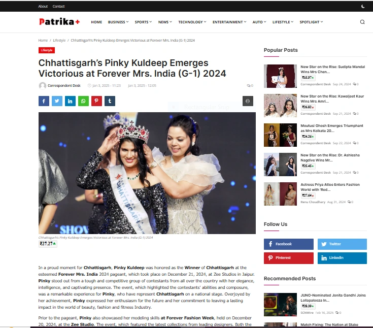 Chhattisgarh’s Pinky Kuldeep Emerges Victorious at Forever Mrs. India (G-1) 2024 - Patrika Plus
