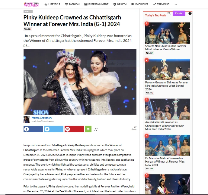 Pinky Kuldeep Crowned as Chhattisgarh Winner at Forever Mrs. India (G-1) 2024 | Sangri Times Women