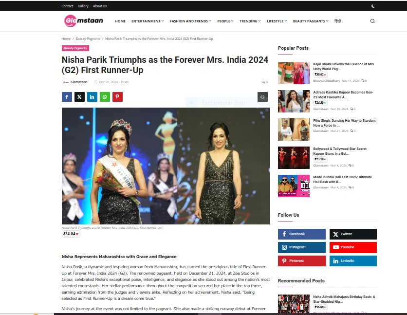 Nisha Parik Triumphs as the Forever Mrs. India 2024 (G2) First Runner-Up - Glamstaan