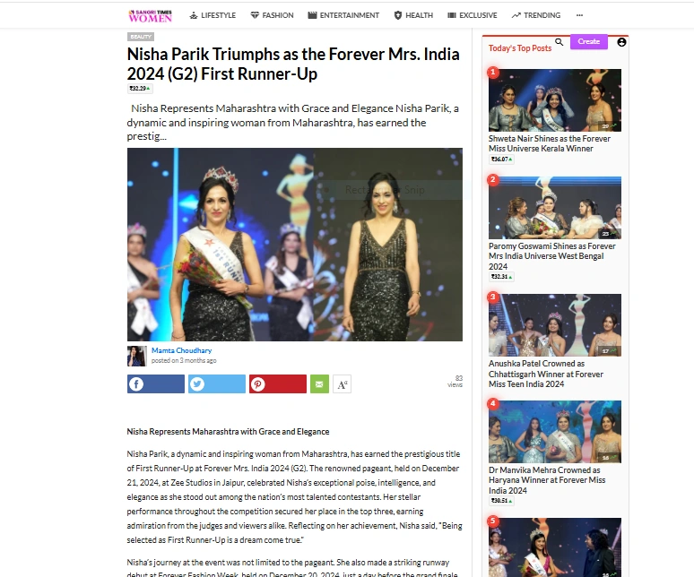 Nisha Parik Triumphs as the Forever Mrs. India 2024 (G2) First Runner-Up | Sangri Times Women