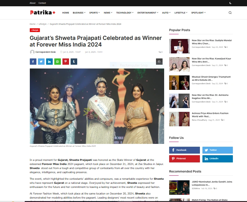 Gujarat’s Shweta Prajapati Celebrated as Winner at Forever Miss India 2024 - Patrika Plus