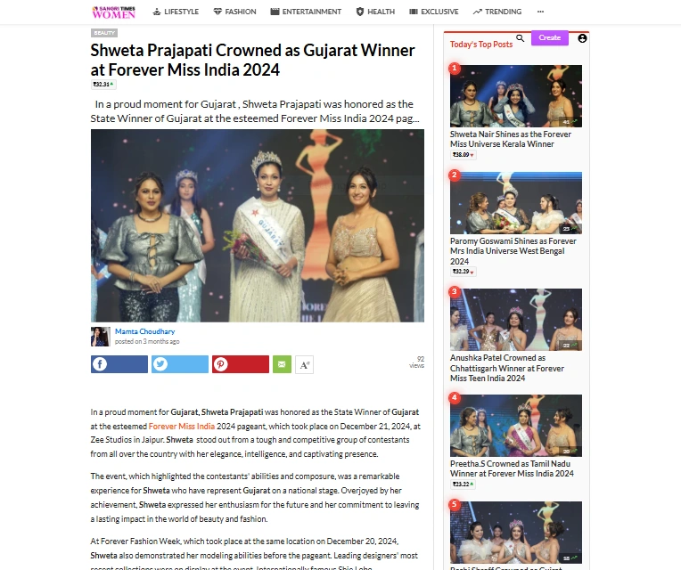 Shweta Prajapati Crowned as Gujarat Winner at Forever Miss India 2024 | Sangri Times Women