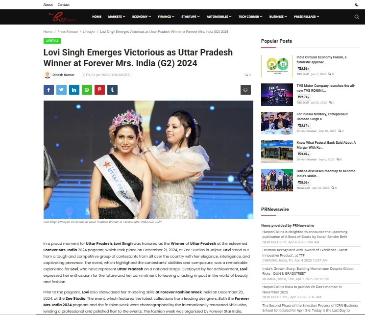 Lovi Singh Emerges Victorious as Uttar Pradesh Winner at Forever Mrs. India (G2) 2024 - The Bizz Stories