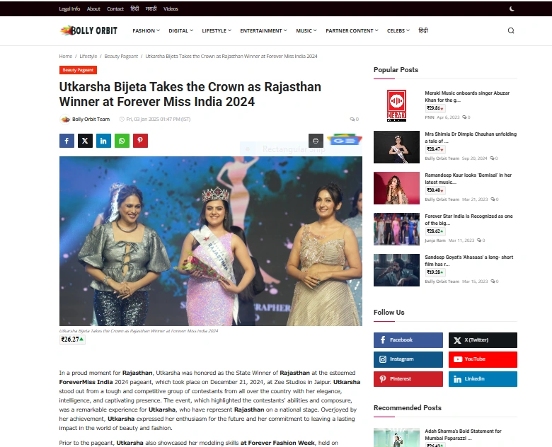 Utkarsha Bijeta Takes the Crown as Rajasthan Winner at Forever Miss India 2024 - Bolly Orbit