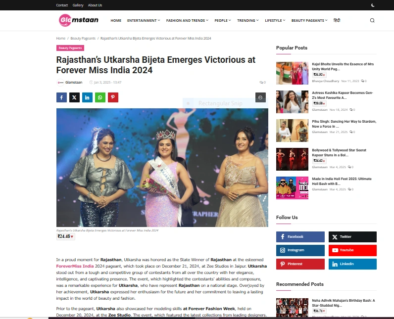 Rajasthan’s Utkarsha Bijeta Emerges Victorious at Forever Miss India 2024 - Glamstaan