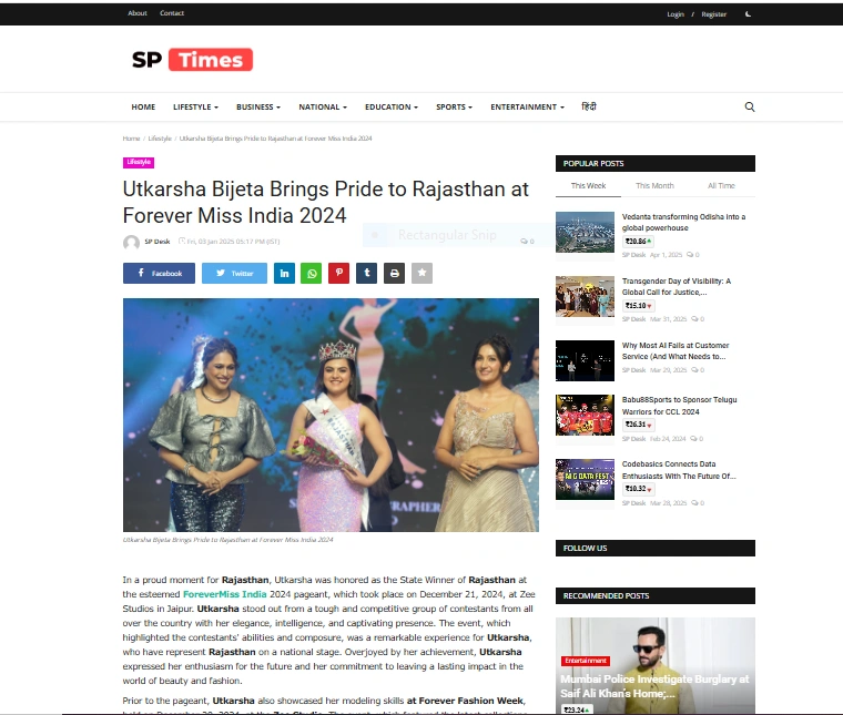 Utkarsha Bijeta Brings Pride to Rajasthan at Forever Miss India 2024 - SP Times