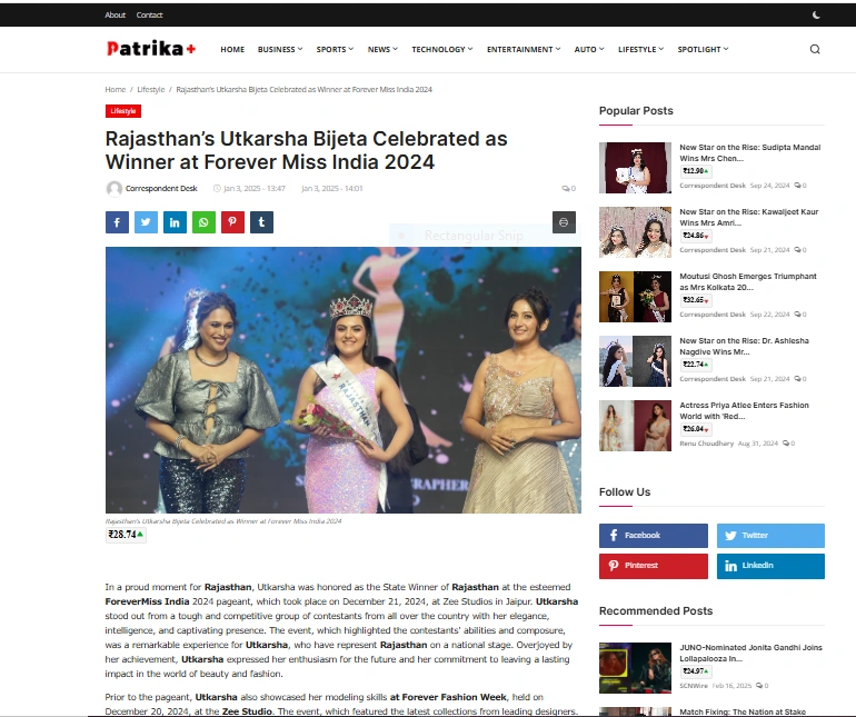 Rajasthan’s Utkarsha Bijeta Celebrated as Winner at Forever Miss India 2024 - Patrika Plus