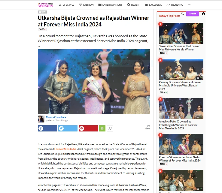 Utkarsha Bijeta Crowned as Rajasthan Winner at Forever Miss India 2024 | Sangri Times Women