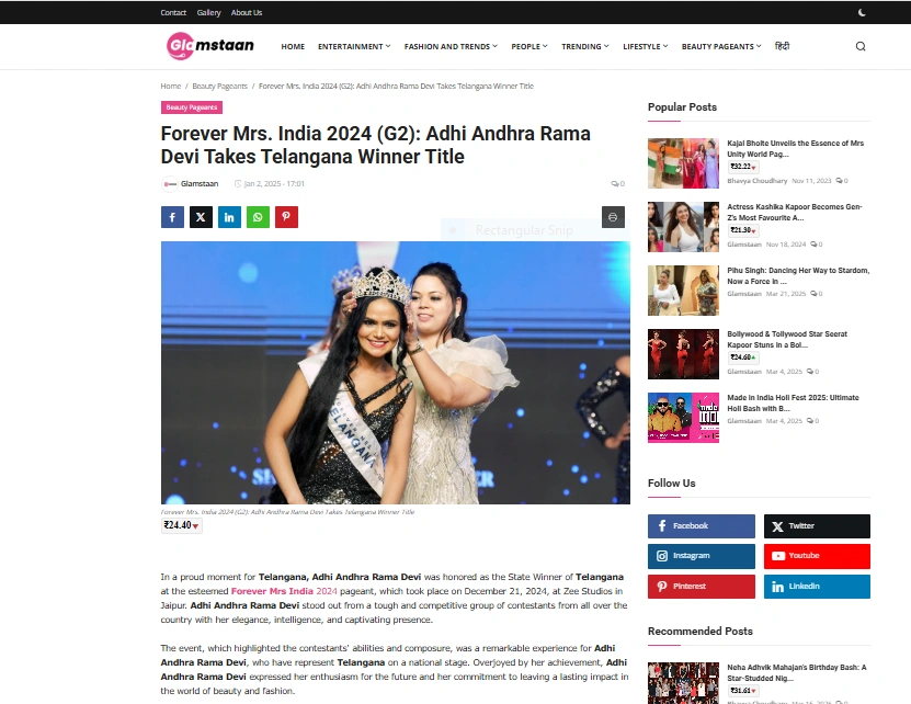 Forever Mrs. India 2024 (G2): Adhi Andhra Rama Devi Takes Telangana Winner Title - Glamstaan