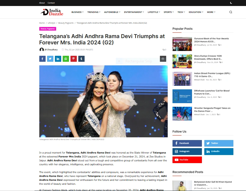 Telangana’s Adhi Andhra Rama Devi Triumphs at Forever Mrs. India 2024 (G2) - India Dazzle