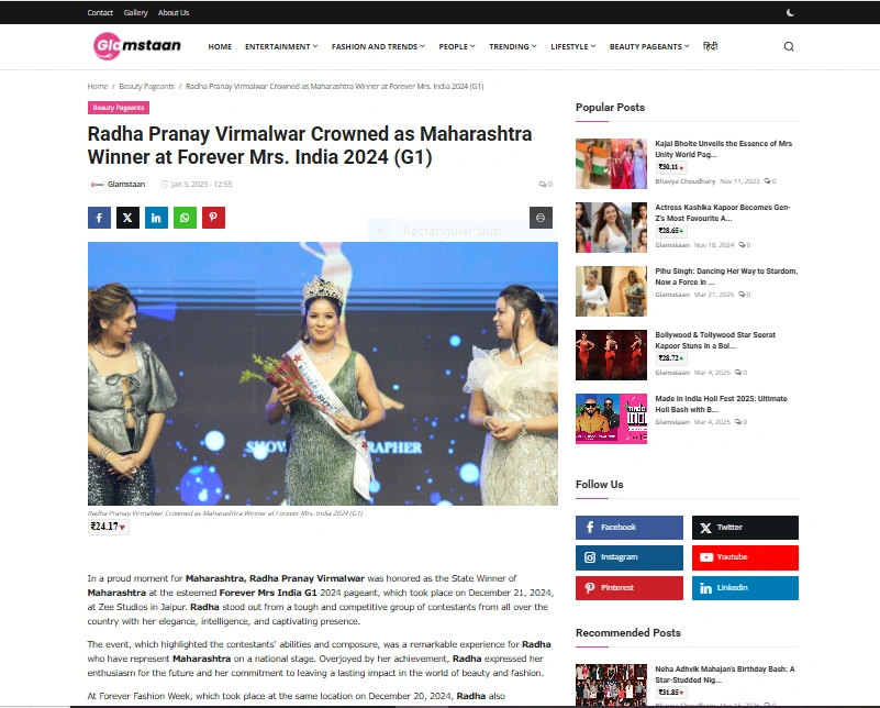 Radha Pranay Virmalwar Crowned as Maharashtra Winner at Forever Mrs. India 2024 (G1) - Glamstaan