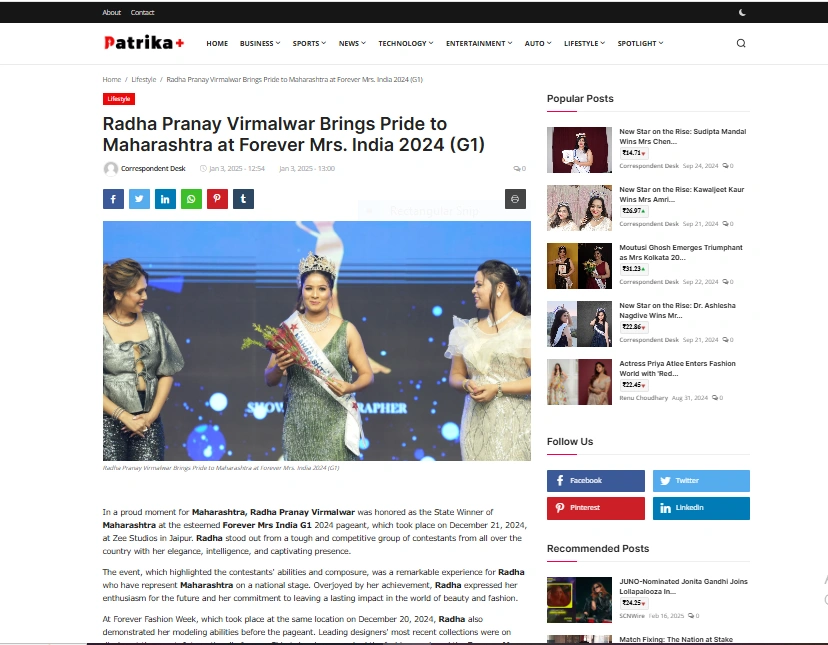 Radha Pranay Virmalwar Brings Pride to Maharashtra at Forever Mrs. India 2024 (G1) - Patrika Plus