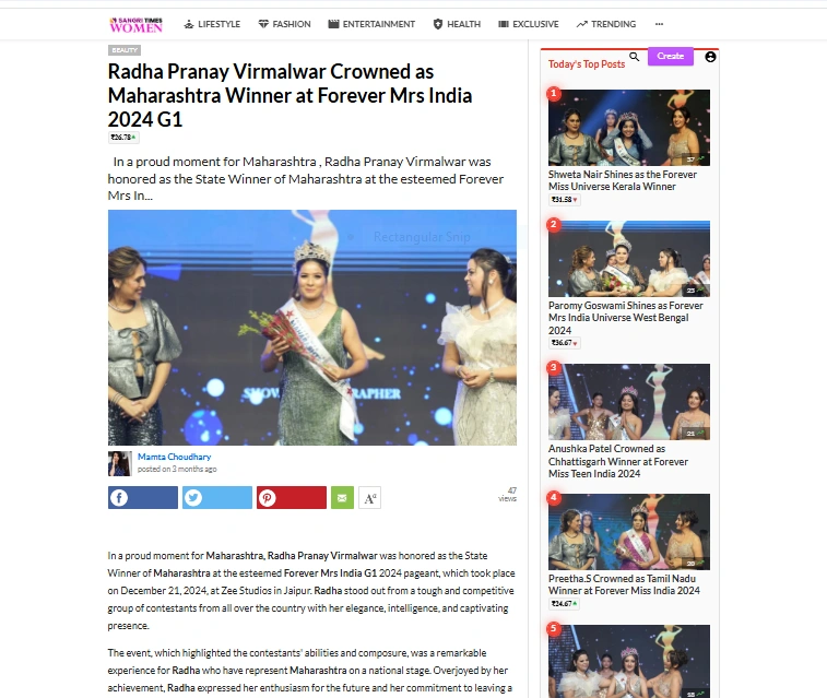 Radha Pranay Virmalwar  Crowned as Maharashtra Winner at Forever Mrs India 2024 G1 | Sangri Times Women