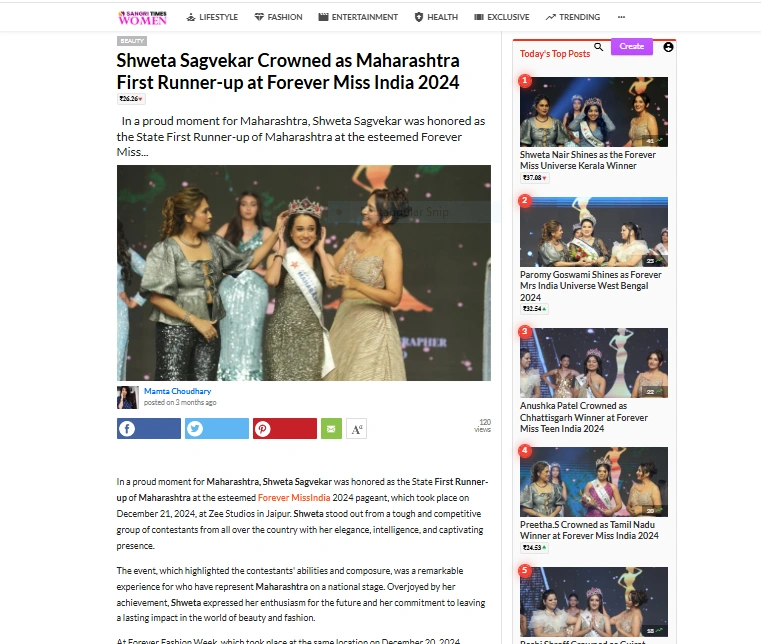 Shweta Sagvekar Crowned as Maharashtra First Runner-up at Forever Miss India 2024 | Sangri Times Women