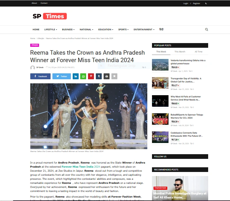 Reema Takes the Crown as Andhra Pradesh Winner at Forever Miss Teen India 2024 - SP Times
