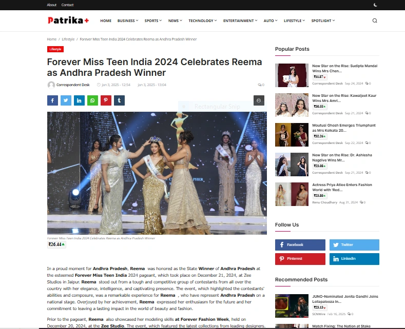 Forever Miss Teen India 2024 Celebrates Reema as Andhra Pradesh Winner - Patrika Plus