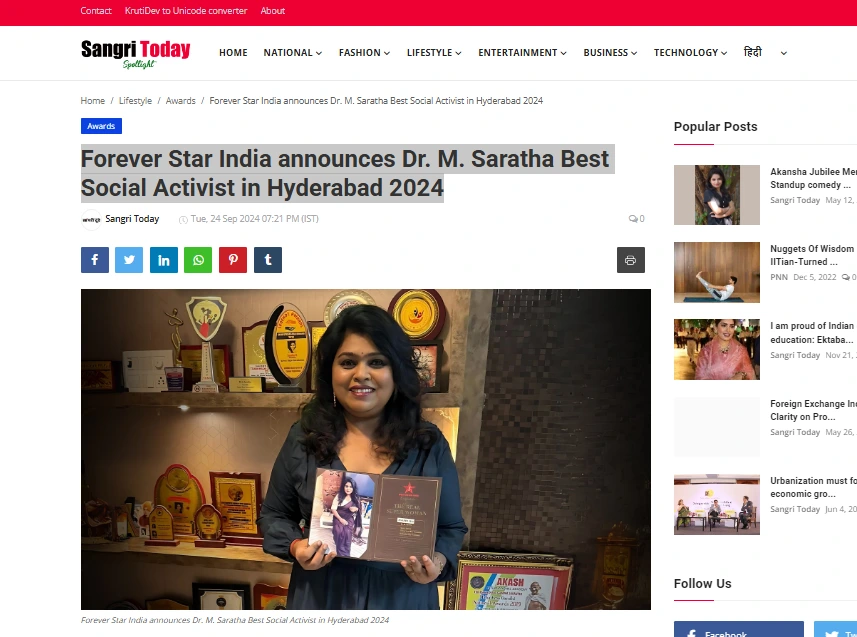 Forever Star India announces Dr. M. Saratha Best Social Activist in Hyderabad 2024 - Sangri Today Spotlight 