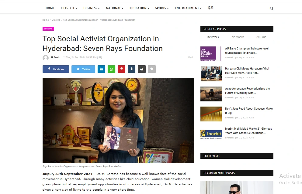 Top Social Activist Organization in Hyderabad: Seven Rays Foundation - SP Times