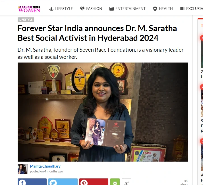 Forever Star India announces Dr. M. Saratha Best Social Activist in Hyderabad 2024 | Sangri Times Women