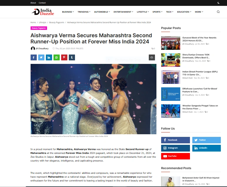 Aishwarya Verma Secures Maharashtra Second Runner-Up Position at Forever Miss India 2024 - India Dazzle