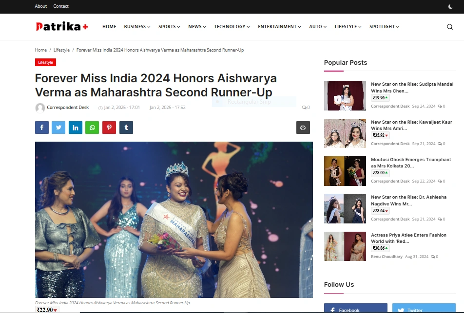 Forever Miss India 2024 Honors Aishwarya Verma as Maharashtra Second Runner-Up - Patrika Plus