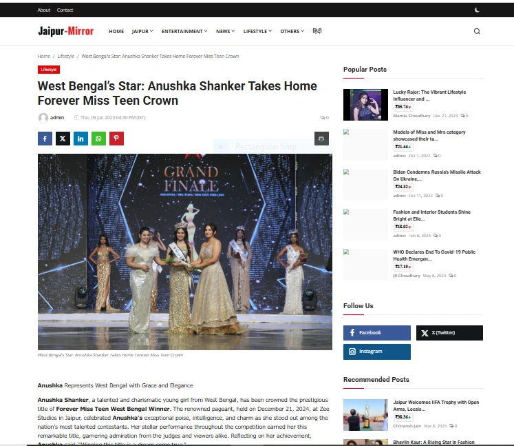 West Bengal’s Star: Anushka Shanker Takes Home Forever Miss Teen Crown - Jaipur-Mirror