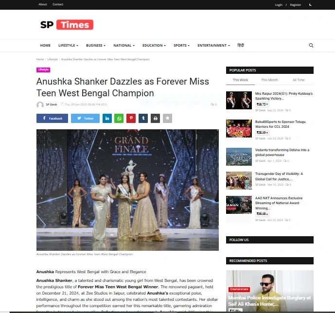 Anushka Shanker Dazzles as Forever Miss Teen West Bengal Champion - SP Times