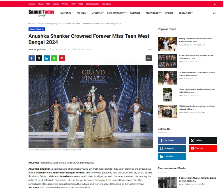 Anushka Shanker Crowned Forever Miss Teen West Bengal 2024 - Sangri Today Spotlight 