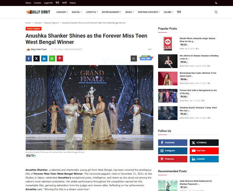 Anushka Shanker Shines as the Forever Miss Teen West Bengal Winner - Bolly Orbit