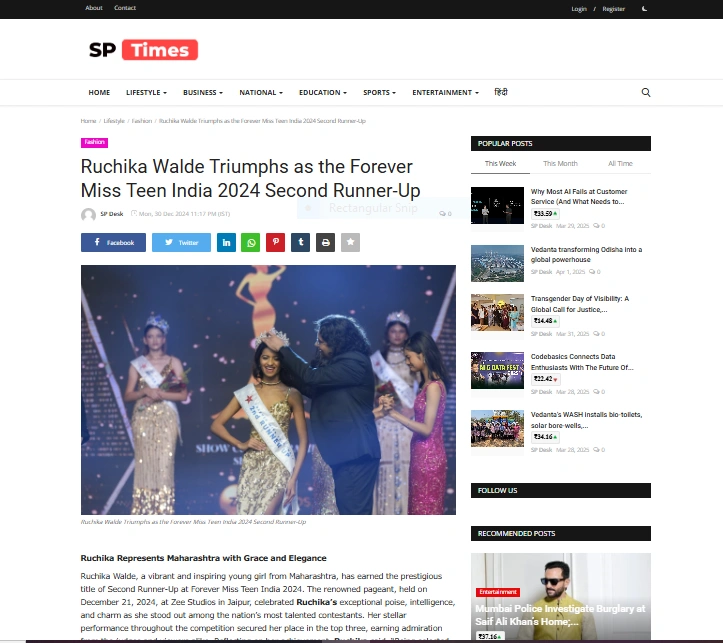 Ruchika Walde Triumphs as the Forever Miss Teen India 2024 Second Runner-Up - SP Times